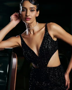 Navy Side Cut Sequin Gown