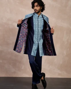 Navy Teal Maze Open Bandhgala Set