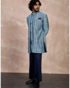 Navy Teal Maze Open Bandhgala Set