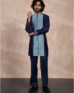 Navy Teal Maze Open Bandhgala Set