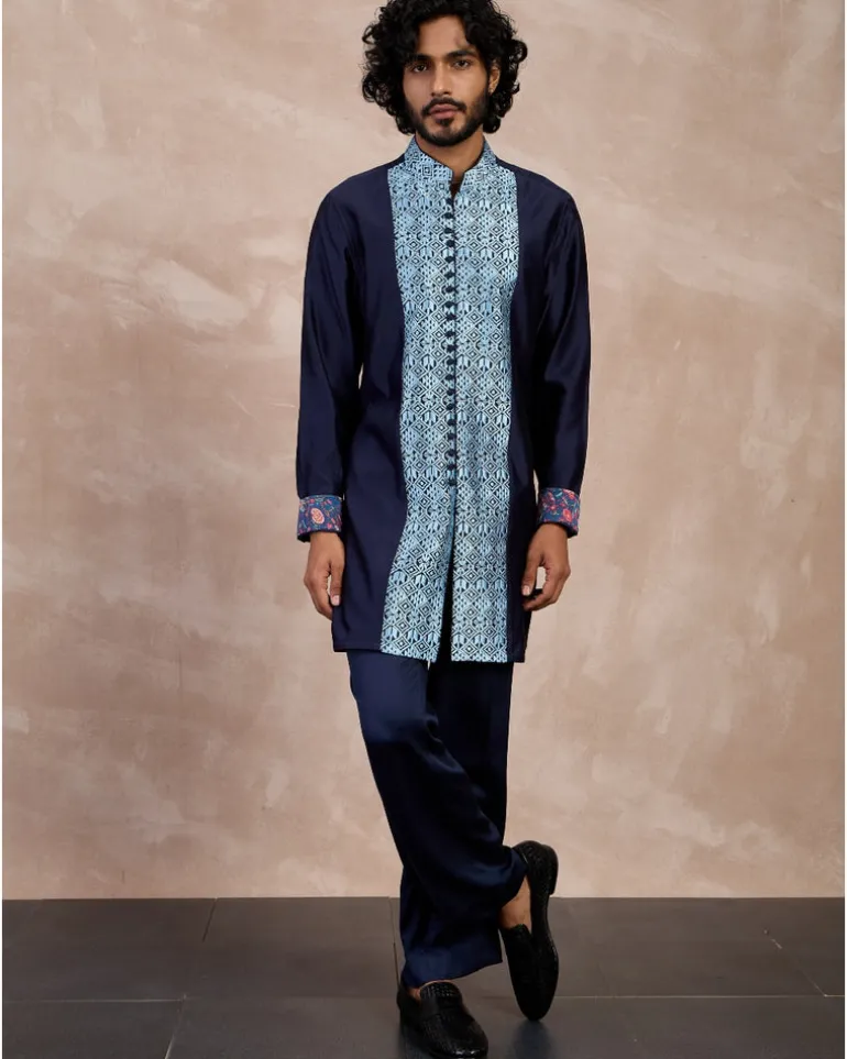 Navy Teal Maze Open Bandhgala Set