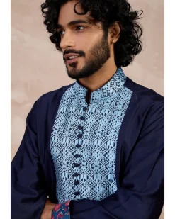 Navy Teal Maze Open Bandhgala Set