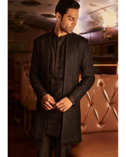 Navy Thread Work Open Sherwani Set