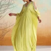 Neon Green Embellished Draped Kaftan