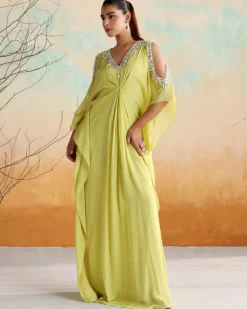 Neon Green Embellished Draped Kaftan