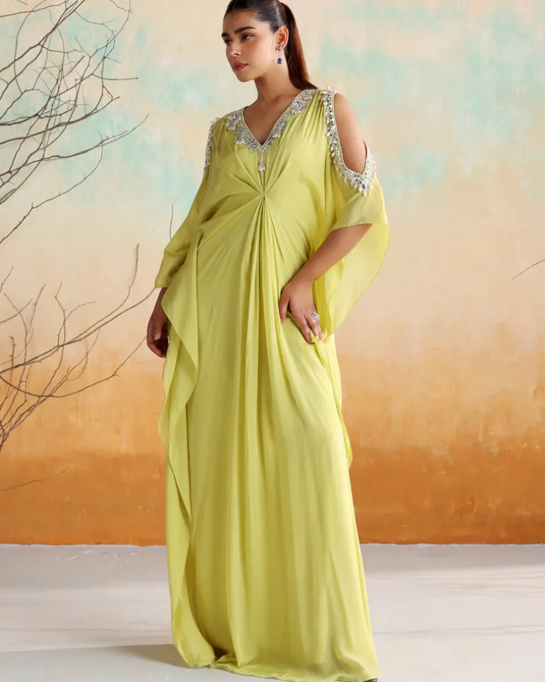 Neon Green Embellished Draped Kaftan