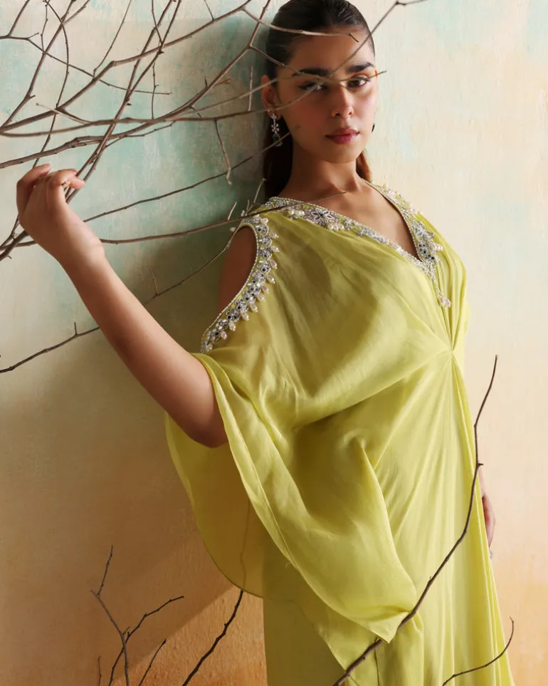Neon Green Embellished Draped Kaftan