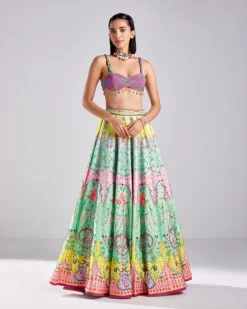 Neon Traditional Floral Print Embroidered Lehenga Set