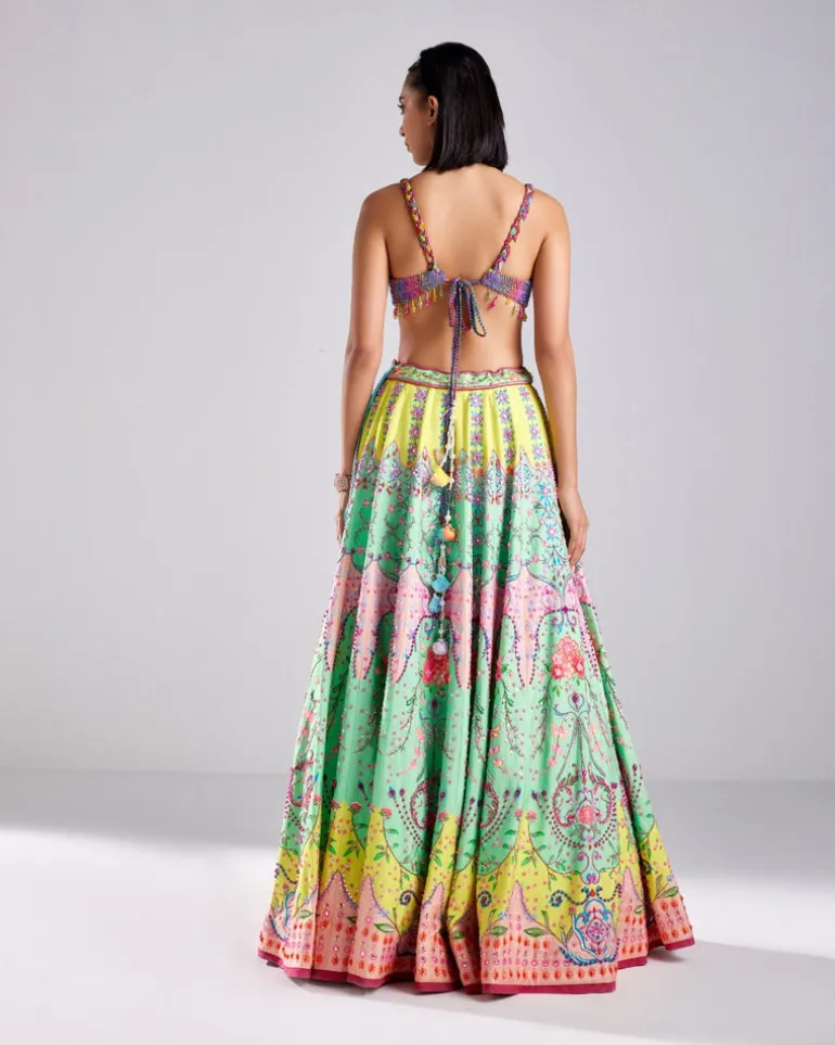 Neon Traditional Floral Print Embroidered Lehenga Set