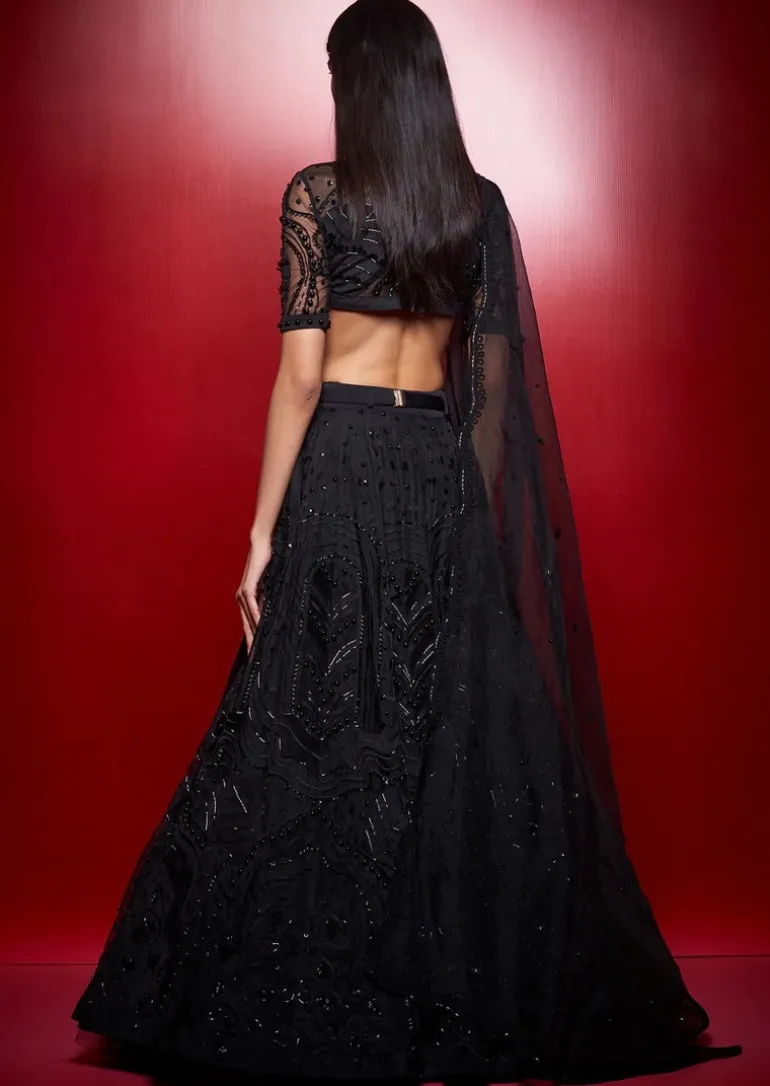 Noir Iris Skein Lehenga with Beaded Blouse and Dupatta