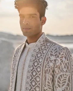 Nude Cream Open Sherwani Set