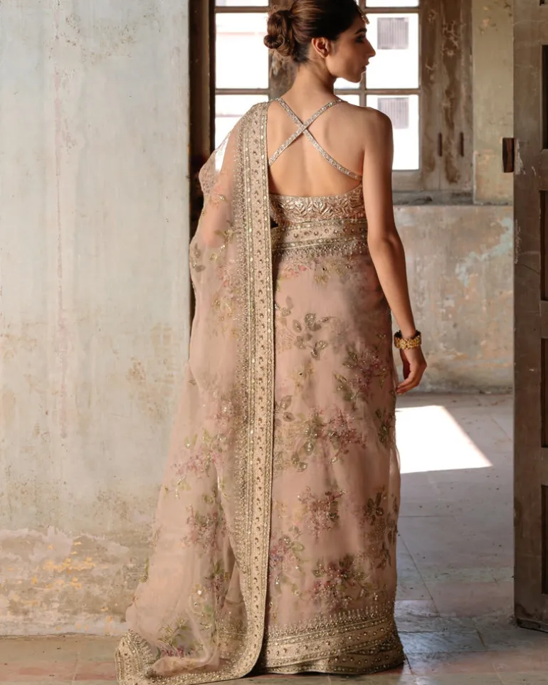 Nude Printed Organza Sari set