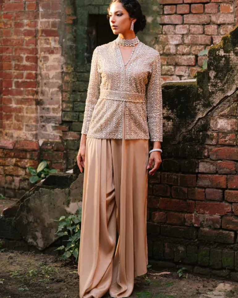 Nude Raw Silk Jacket And Drape Pant Set