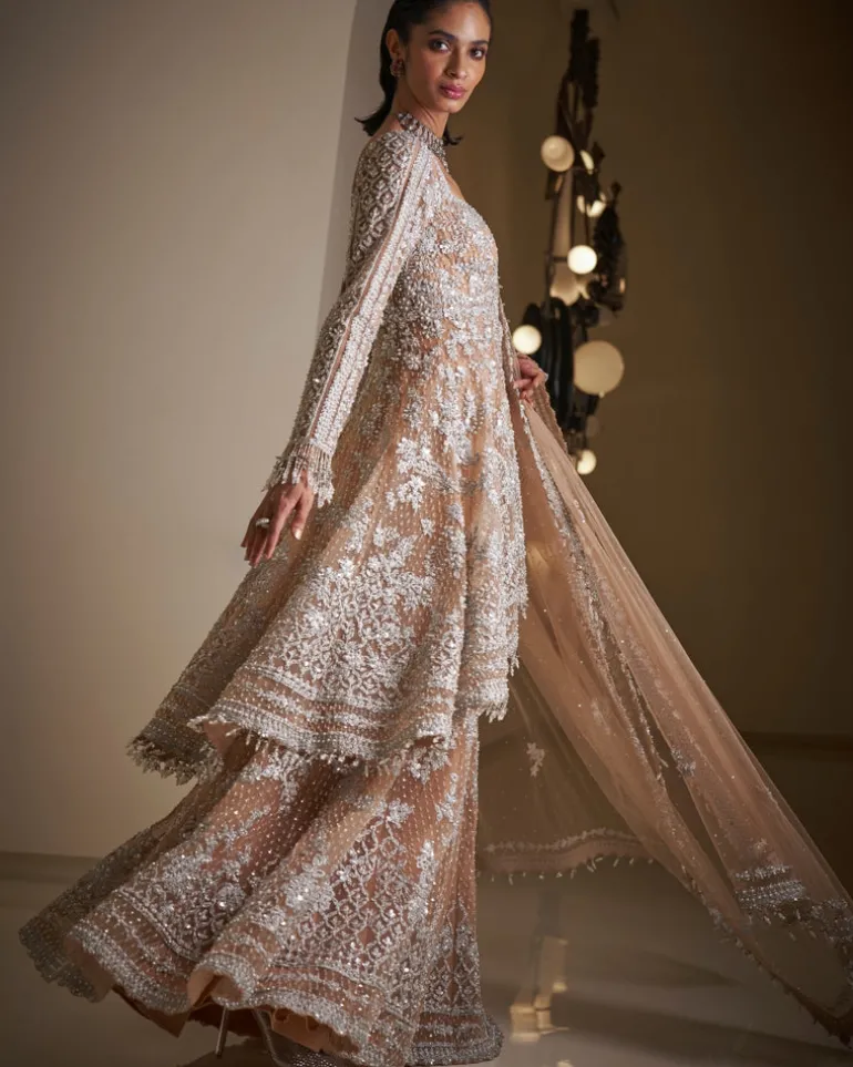 Nude Silver Jacket Sharara Set