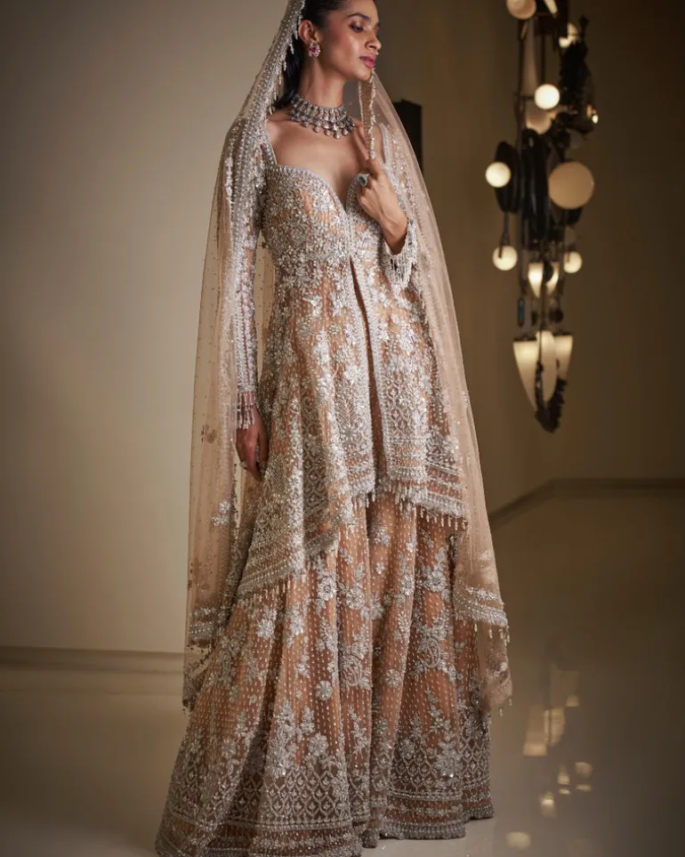 Nude Silver Jacket Sharara Set