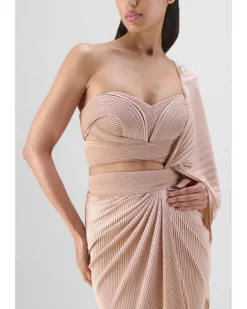 Nude Structured Blouse With Drape Sari Set