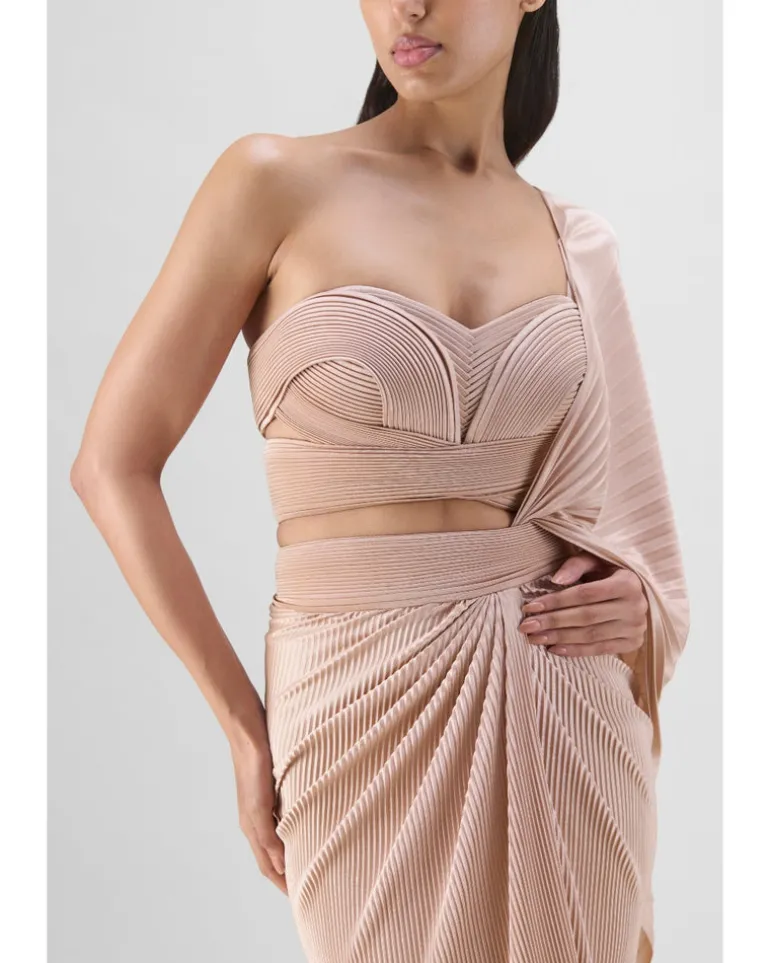 Nude Structured Blouse With Drape Sari Set