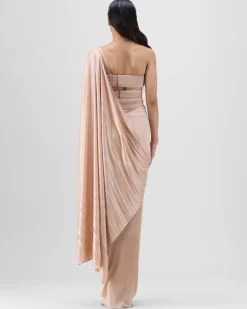 Nude Structured Blouse With Drape Sari Set