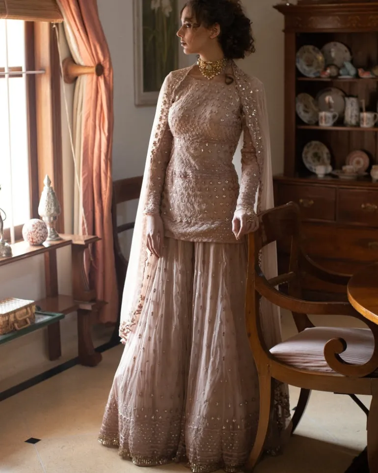 Nude Thread work Kurti And Sharara Set
