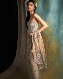 Nude Tulle Embroidered Sari Set