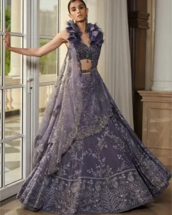 Nylah Leaden Blue Chikankari Chiffon Lehenga Set