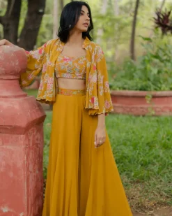 Ochre Yellow Floral Printed Jacket Set