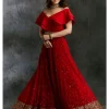 Off Shoulder Crop Top With Red Embroidered Lehenga