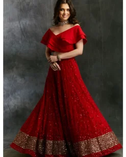 Off Shoulder Crop Top With Red Embroidered Lehenga