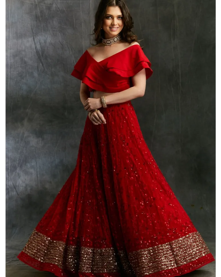 Off Shoulder Crop Top With Red Embroidered Lehenga