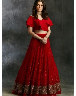 Off Shoulder Crop Top With Red Embroidered Lehenga