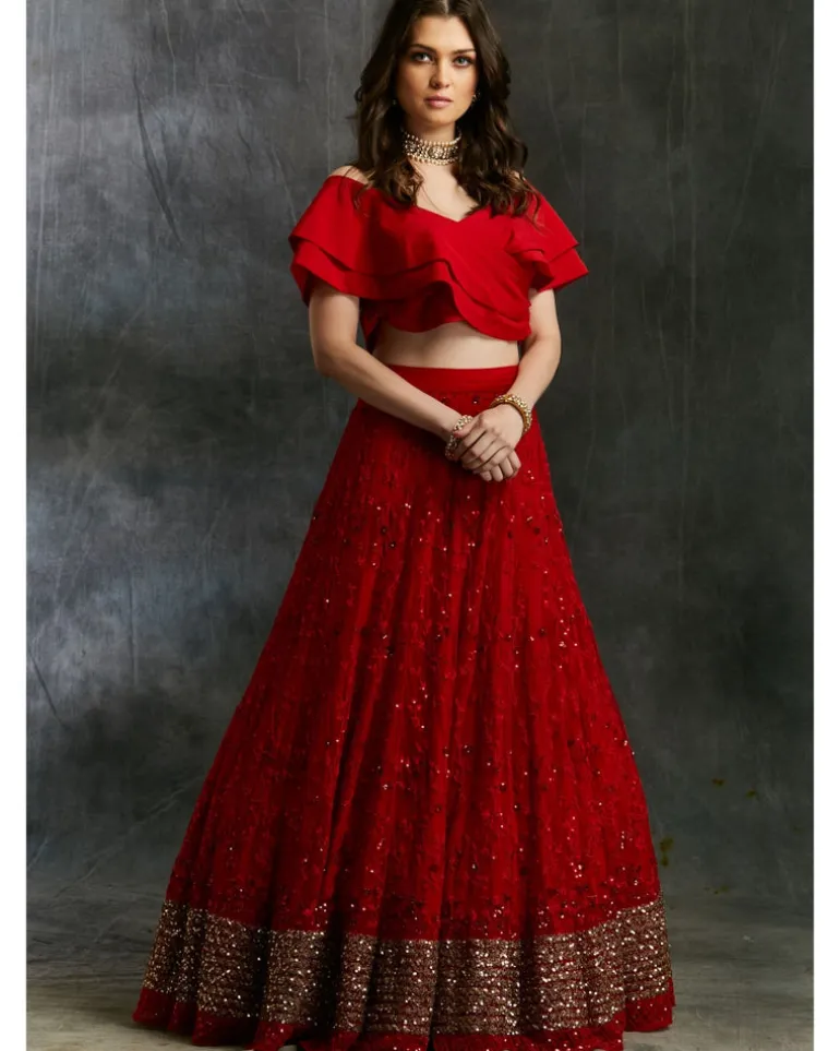 Off Shoulder Crop Top With Red Embroidered Lehenga