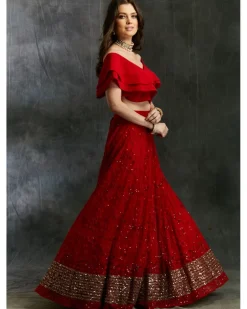 Off Shoulder Crop Top With Red Embroidered Lehenga