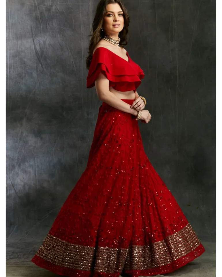 Off Shoulder Crop Top With Red Embroidered Lehenga