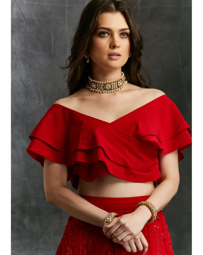 Off Shoulder Crop Top With Red Embroidered Lehenga