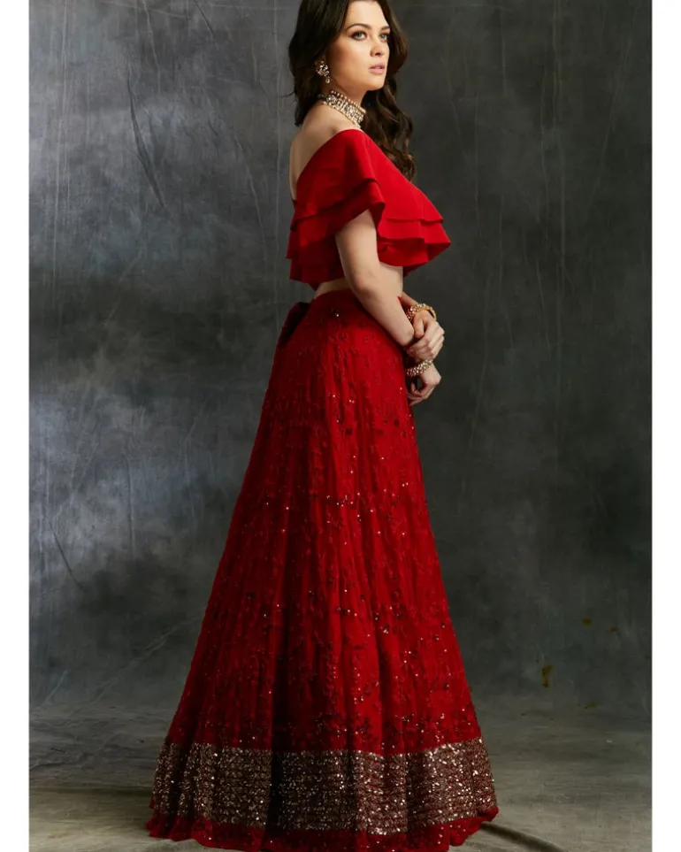 Off Shoulder Crop Top With Red Embroidered Lehenga