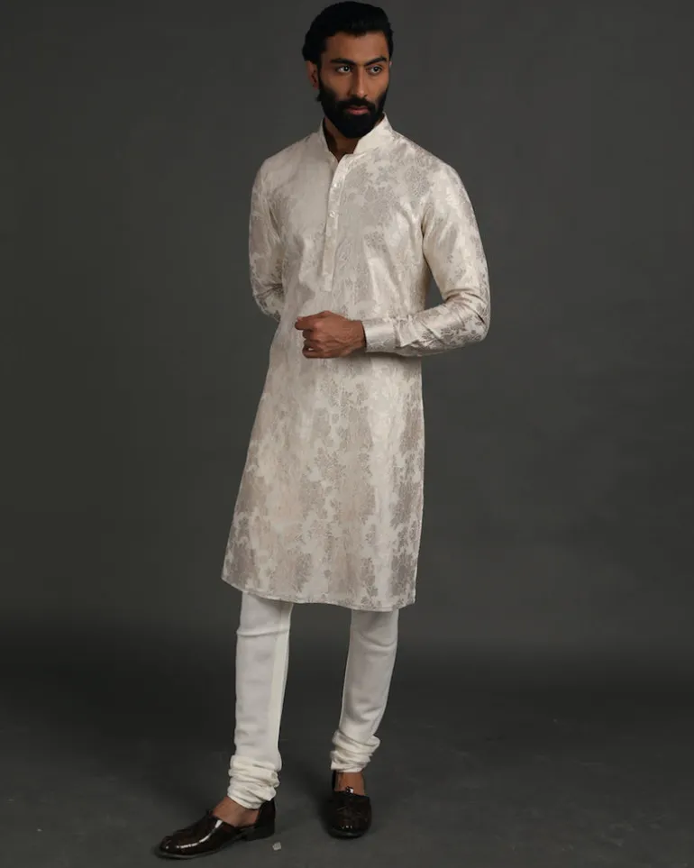 Off White Banarasi Silk Kurta Set