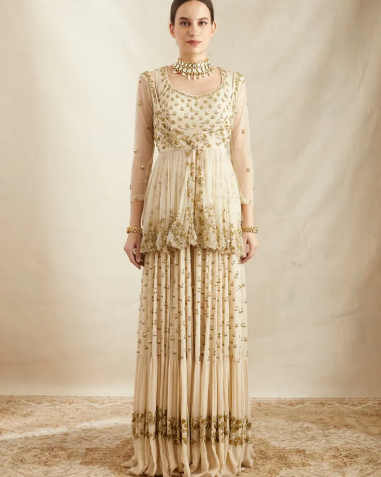 Off White Booti Peplum With Sharara Set