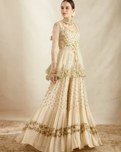 Off White Booti Peplum With Sharara Set