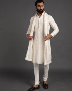 Off White Churidaar With Kurta Set with Stole