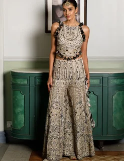 Off White Embroidered Back Tie-Up Choli And Sharara Set