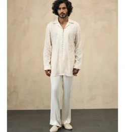 Off- White Front Luppi Button Kurta Set