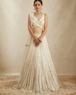 Off White Net Crepe Embroidered Lehenga Set