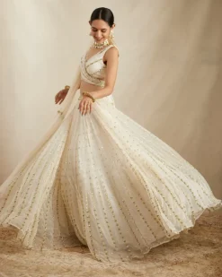 Off White Net Crepe Embroidered Lehenga Set