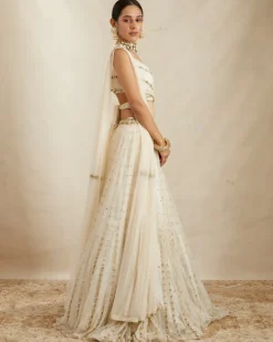 Off White Net Crepe Embroidered Lehenga Set
