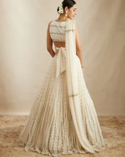 Off White Net Crepe Embroidered Lehenga Set