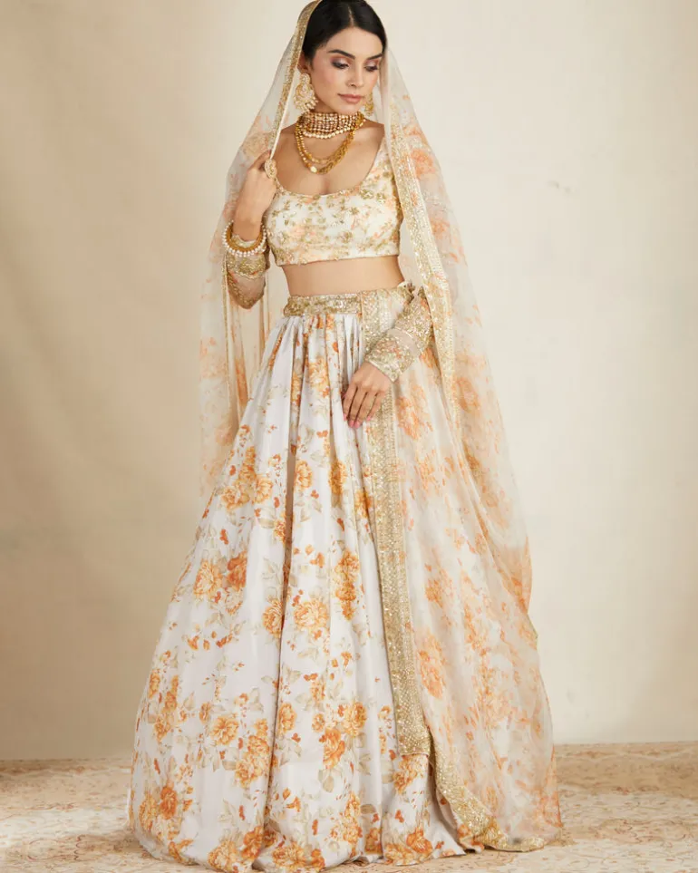 Off White Silk Floral Lehenga Set