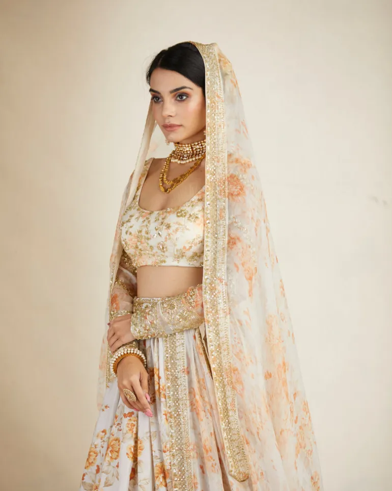 Off White Silk Floral Lehenga Set