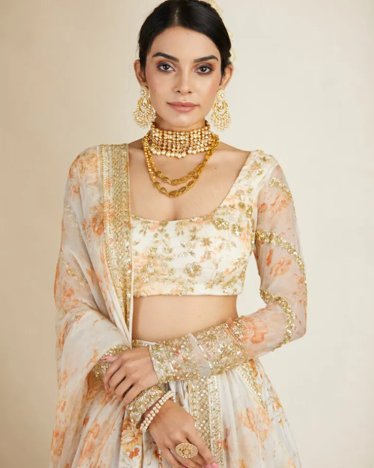 Off White Silk Floral Lehenga Set