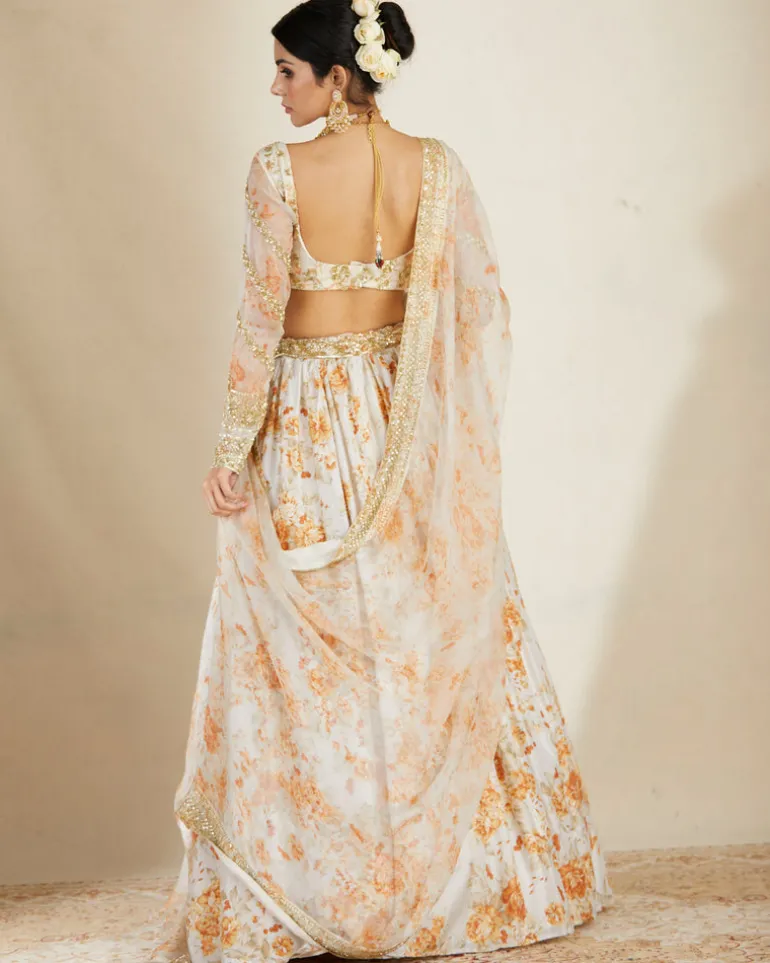 Off White Silk Floral Lehenga Set