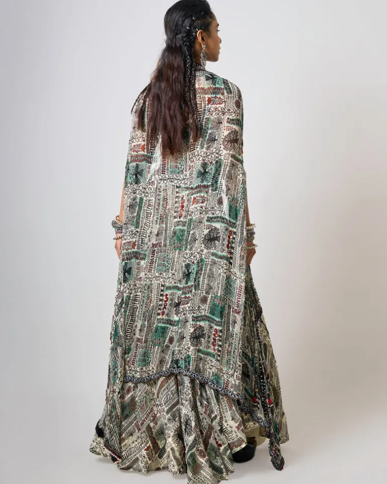 Off-White Printed & Embroidered Dupatta Cape & Circular Pant Set